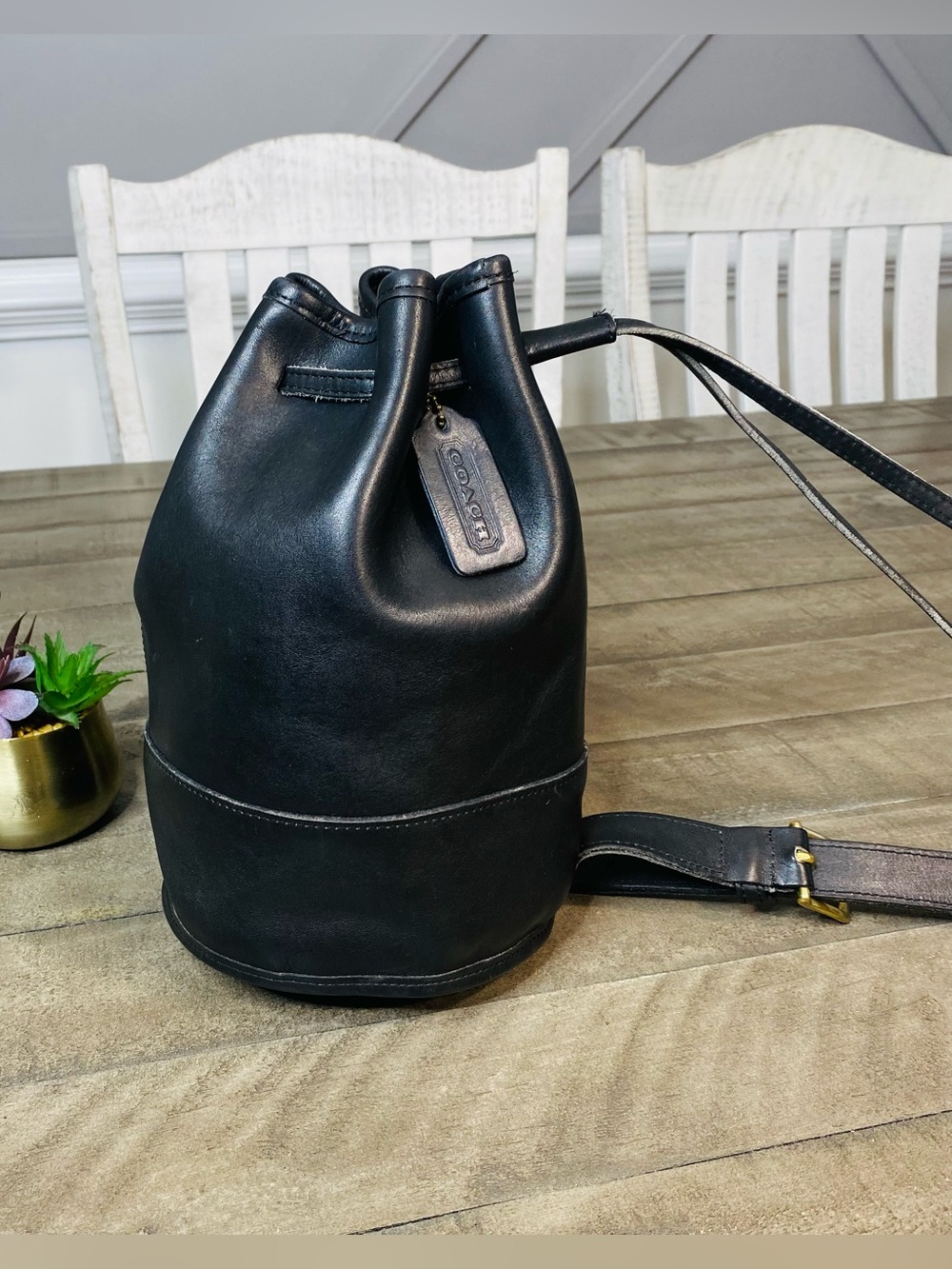 Vintage Coach Black Leather Bixby Sling Bag Drawstring Bucket Backpack 9984 USA